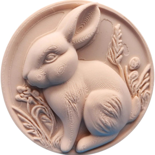 Round Bunny Wall Sculpture – 3D Printed Rabbit Relief for Cottagecore & Spring Décor – 3D Printed in Canada