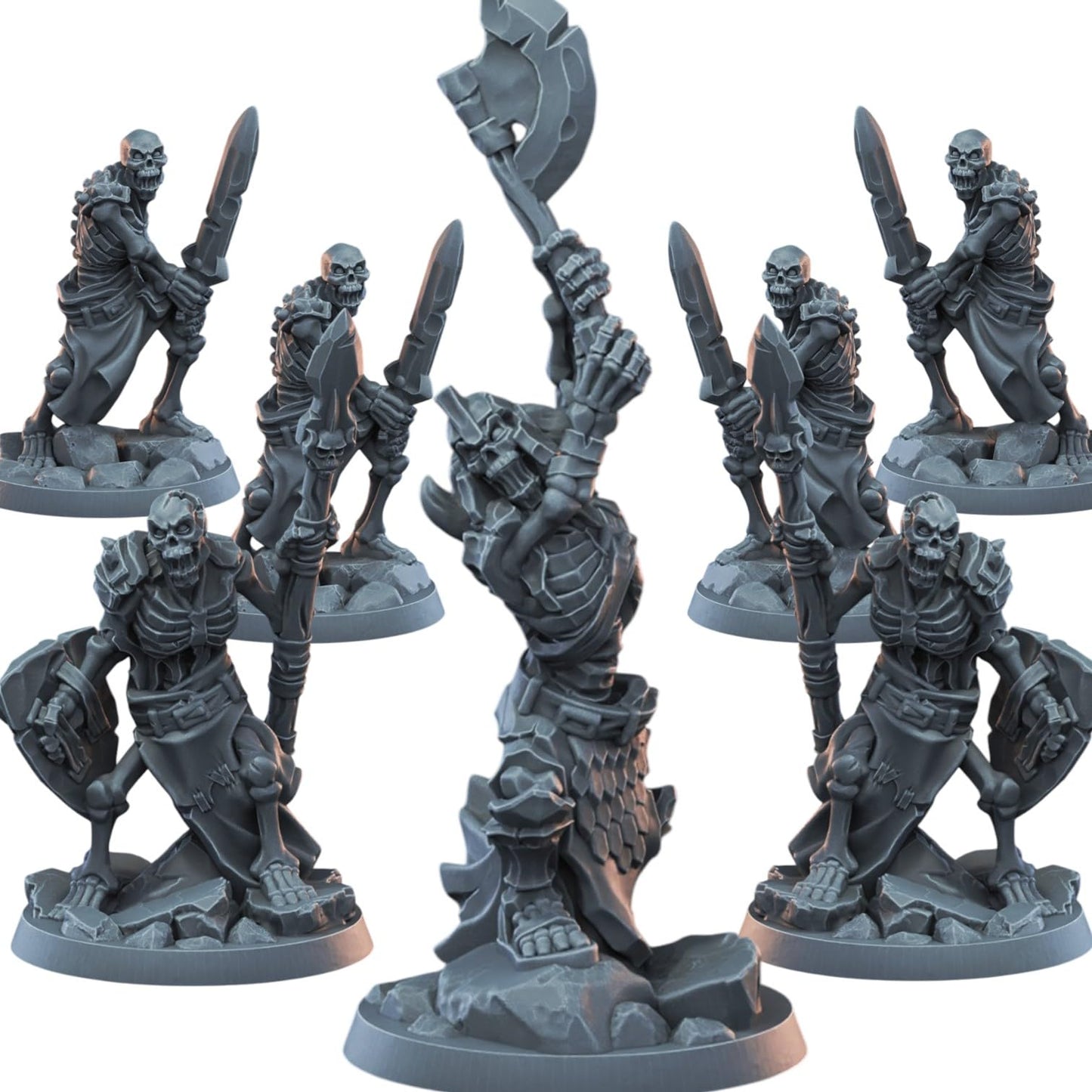 Set of 7 Undead Skeleton Miniatures – Knight, Spearmen & Warriors for Tabletop Fantasy Battles & Painting – 3D Printed in Canada