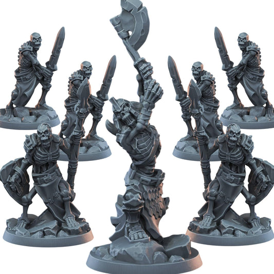 Set of 7 Undead Skeleton Miniatures – Knight, Spearmen & Warriors for Tabletop Fantasy Battles & Painting – 3D Printed in Canada
