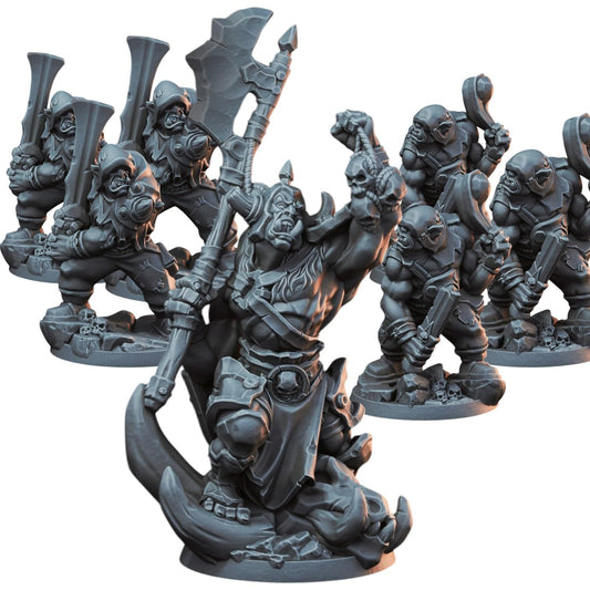 Set of 7 Orc Miniatures – War Master & Warboy Figures for Tabletop Fantasy Battles, Wargaming & Painting – 3D Printed in Canada