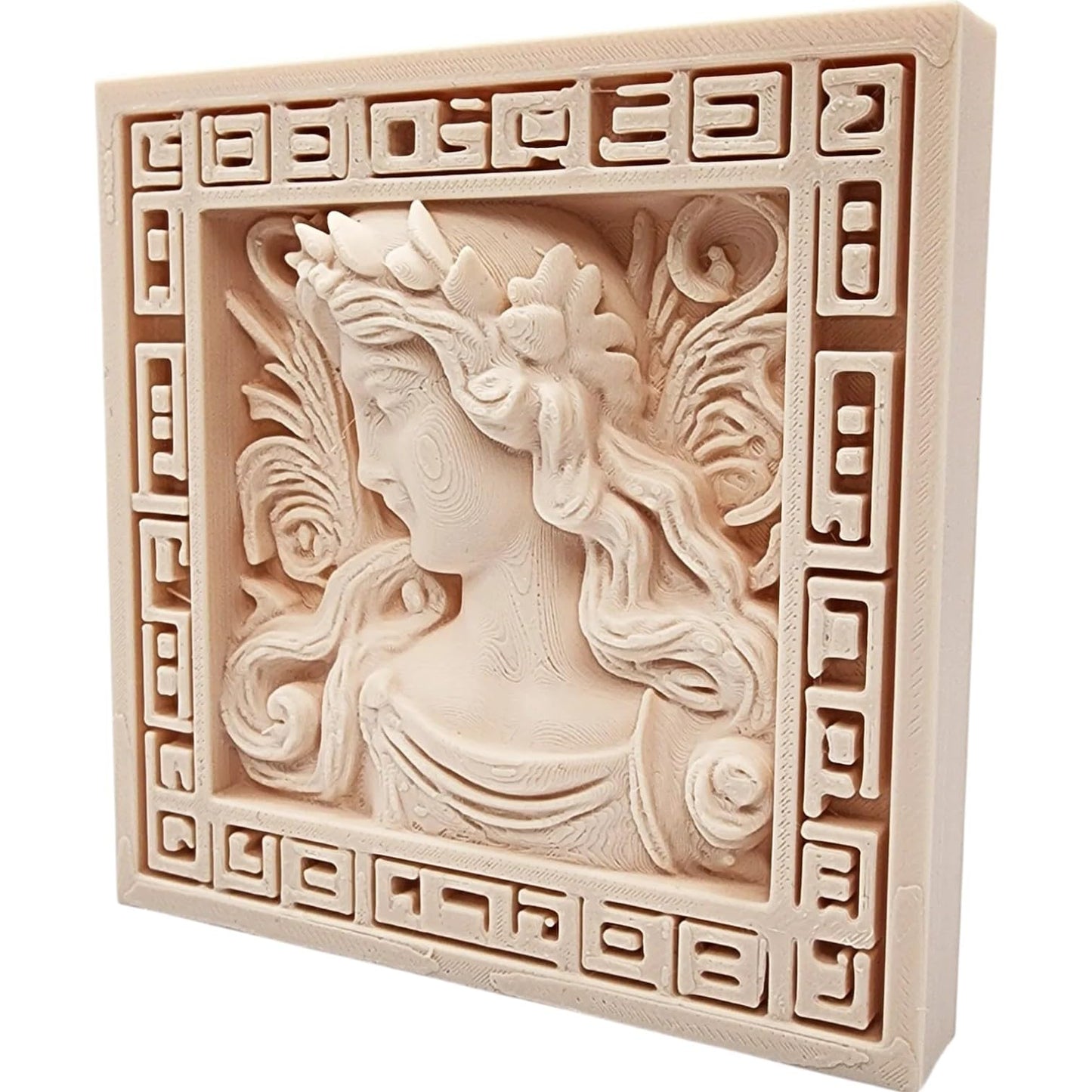 Marble Carved Goddess Fresco – Ornate 3D Printed Wall Panel with Mythical Female Relief and Framed Border, Support-Free Print – 3D Printed in Canada