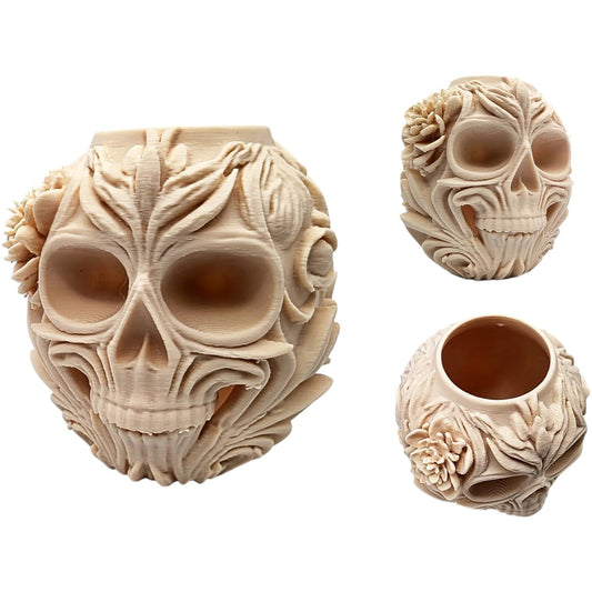 Floral Skull Vase – Decorative Gothic Skull Planter with Ornate Flower Detailing, Ideal for Macabre Decor or Dark Botanical Displays – 3D Printed in Canada