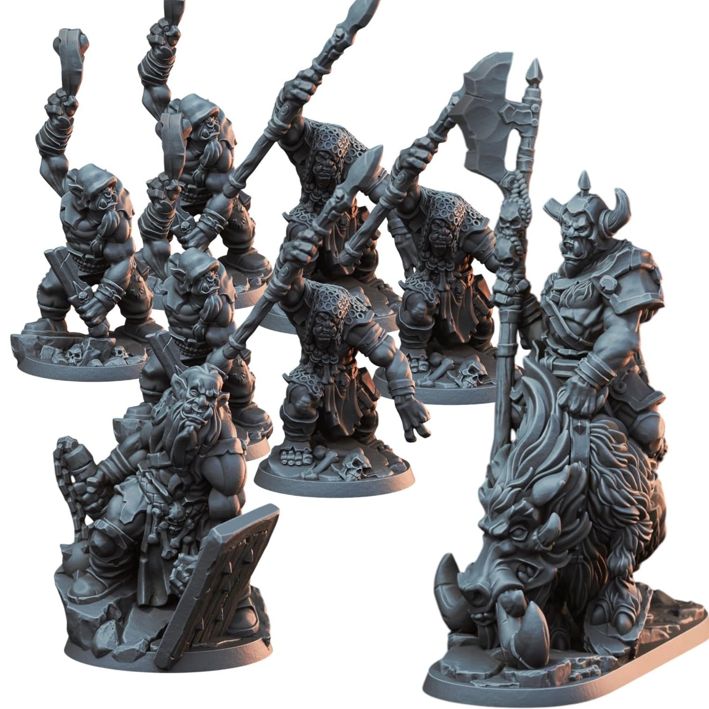 Orc War Band – Set of 8 Savage Warrior Miniatures with Mounts, Spears & Axes for Fantasy Tabletop Battles, RPG Campaigns & Painting – 3D Printed in Canada