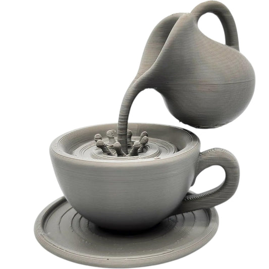 Impossible Pour Illusion Model – Floating Teapot Over Teacup Optical Sculpture, One-Piece Gravity-Defying Design – 3D Printed in Canada
