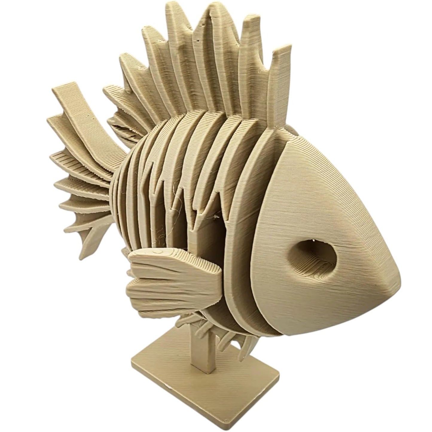 Geometric Wooden Fish Sculpture with Modern Spines – Decorative Oceanic Art Piece on Pedestal – 3D Printed in Canada