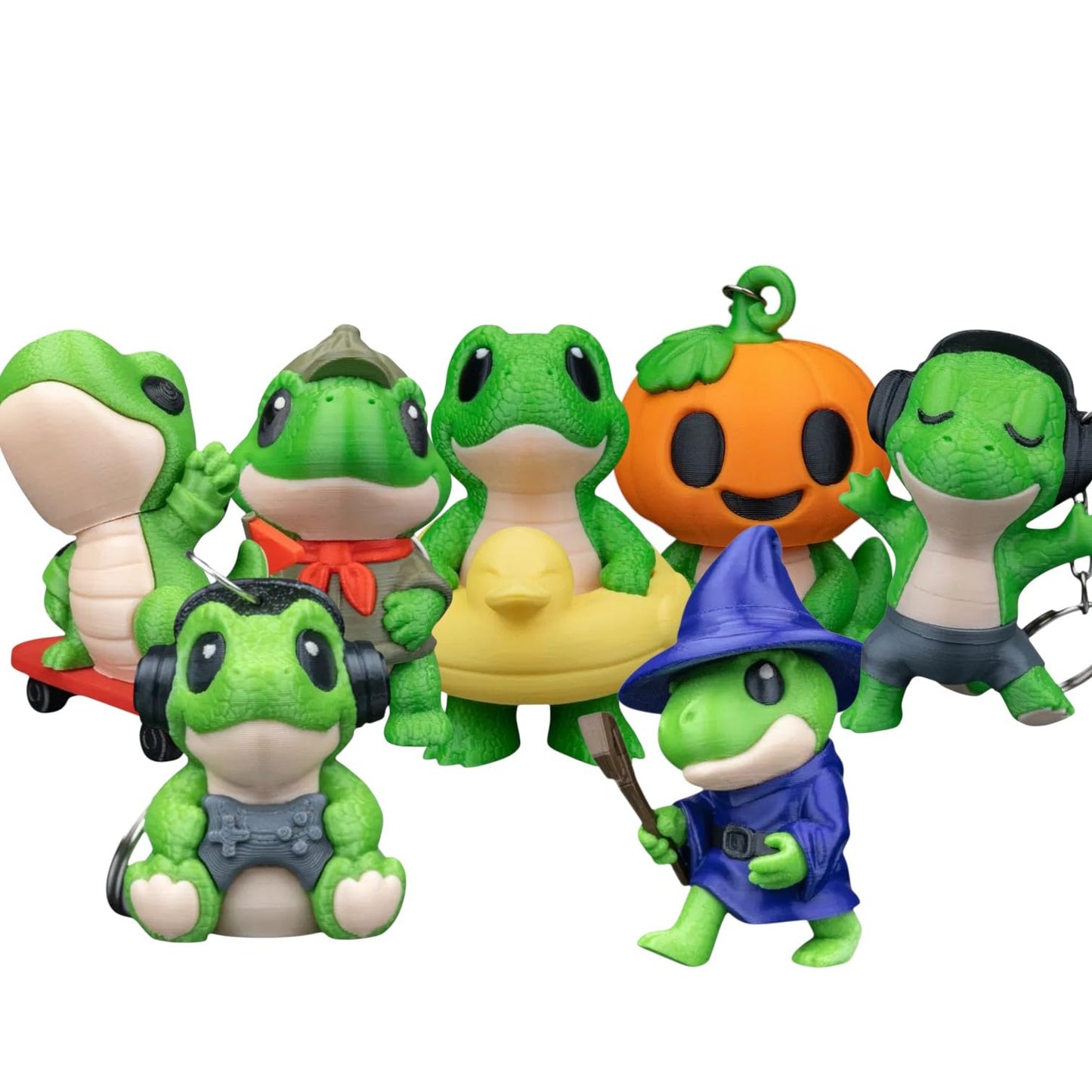 Hooked on Dinos Full Collection Keychain Set – 8-Pack Figurines – Jurassic Start, FloaT-Rex, Rawrcanist, Tony Rawr, Rock ‘n’ Rawr, ScouT-Rex, Tyrannosurf & Dino PumpKing – 3D Printed in Canada