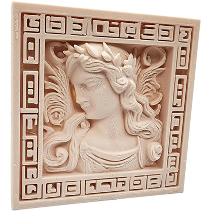 Marble Carved Goddess Fresco – Ornate 3D Printed Wall Panel with Mythical Female Relief and Framed Border, Support-Free Print – 3D Printed in Canada