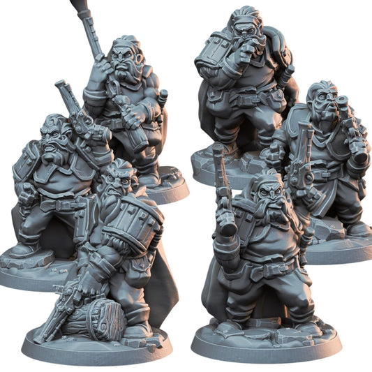 Thundershot Squad – Set of 6 Dwarf Rifleman Miniatures for Fantasy Tabletop Battles, RPG Campaigns & Painting – 3D Printed in Canada