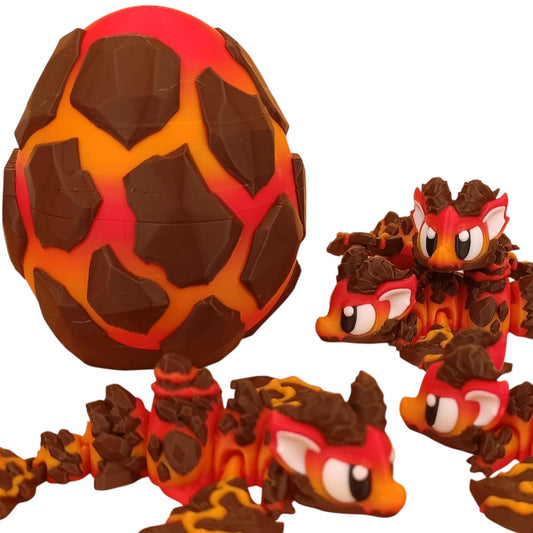 Articulated Mini Lava Dragon with Container Egg Shell – Print-in-Place Articulated Fire-Themed Figurine for Display or Fidgeting – Molten Dragon Collectible Model – 3D Printed in Canada