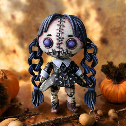 3D Printed Articulated Creepy Wednesday Doll - Addams Family Inspired Edition | Gothic Horror Desk Display & Collectible