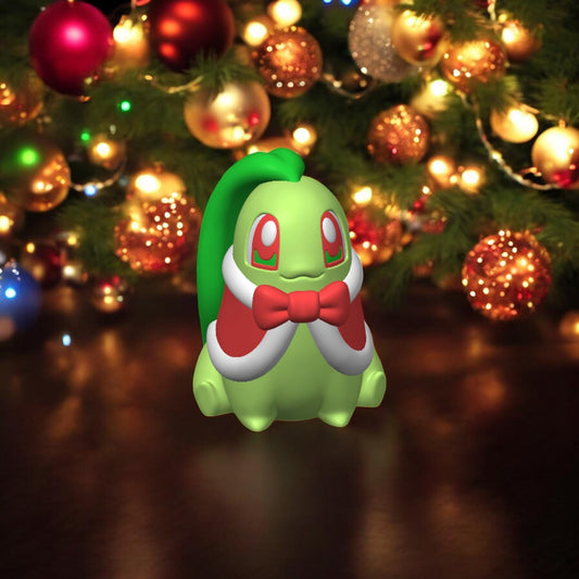 Christmas Chikorita-Inspired Collectible Figurine – 3D Printed Holiday Pokémon Fan Art | Festive Desk Display