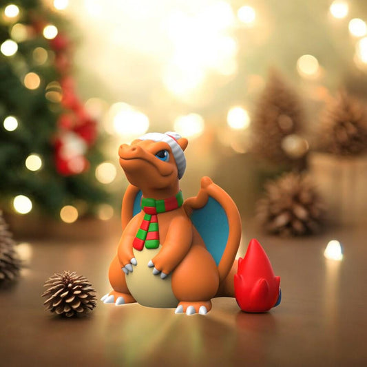 Christmas Charizard-Inspired Collectible Figurine – 3D Printed Holiday Pokémon Fan Art | Festive Desk Display