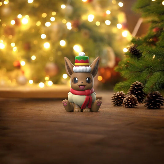 Christmas Eevee-Inspired Collectible Figurine – 3D Printed Holiday Pokémon Fan Art | Festive Desk Display