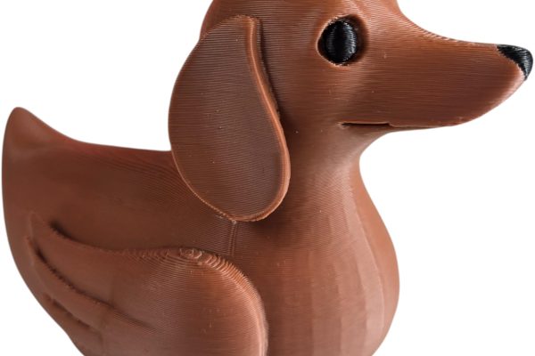 Brown dachshund-and-duck collectible, 3D printed in Quebec