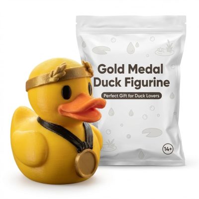 Gold Medal Duck Figurine – Funny Champion Duck Decor Collectible with Laurel Crown & Award Medal – 3D Printed in Canada