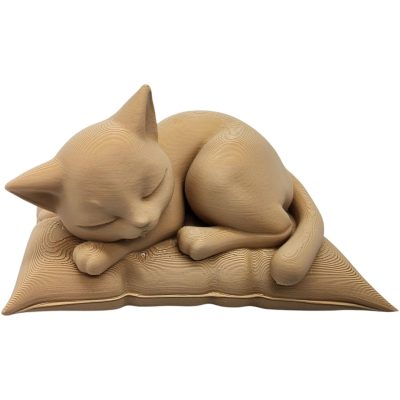 Sleeping Cat Figurine on Pillow – Wood-Style 3D Printed Cute Cat Sculpture for Shelf, Desk, or Pet Memorial Display – 3D Printed in Canada — 3D Printed Collectible by 3DCentral