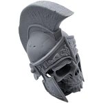 Ancient Warrior Skull Sculpture – Armored Helmet Skull Bust with Pedestal Base, Gothic Medieval Decor for Shelf or Display