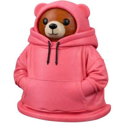 Hoodie Bear Figurine in Oversized Pink Sweatshirt – Cute Collectible Bear Decor for Desk, Shelf or Display – Cozy Aesthetic Figurine Gift for Teens & Adults – 3D Printed in Canada
