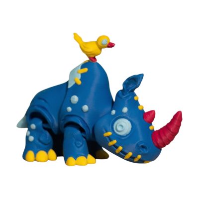 Stuffed Rhino Figurine – Blue Fantasy Rhino with Red Horn & Yellow Bird, Collectible Creature Desk Toy for Adults & Teens – 3D Printed in Canada — 3D Printed Collectible by 3DCentral