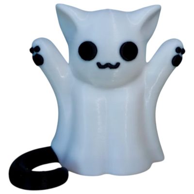 Ghost Cat Figurine – Cute Halloween Decor with Raised Paws & Curled Tail – Kawaii Spooky Decoration – 3D Printed in Canada — 3D Printed Collectible by 3DCentral