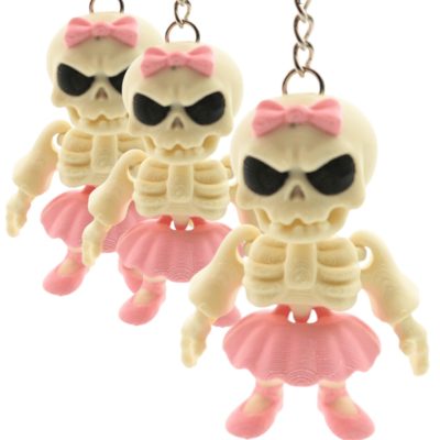 Grumpy Skeleton Ballerina Articulated Keychain (Pack of 3) – Cute Creepy Poseable Mini Dancer with Bow & Tutu for Gothic Bags, Halloween Gifts & Collectors – 3D Printed in Canada — 3D Printed Collectible by 3DCentral