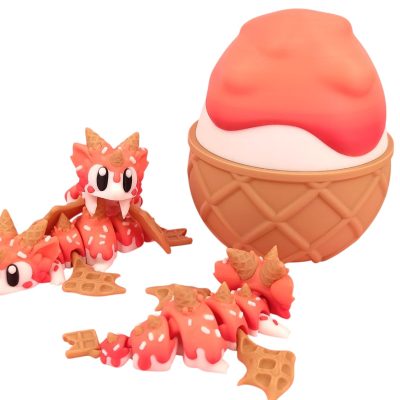 Articulated Sugar Rush Dragon with Container Egg Shell – Articulated Dessert-Themed Figurine for Display or Fidgeting – Ice Cream Cone Collectible Model – 3D Printed in Canada — 3D Printed Collectible by 3DCentral