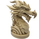 Wood-Carved Dragon Bust – Layered Fantasy Sculpture with Fierce Expression & Spiral Base – Mythical Display Statue for Shelf or Desk
