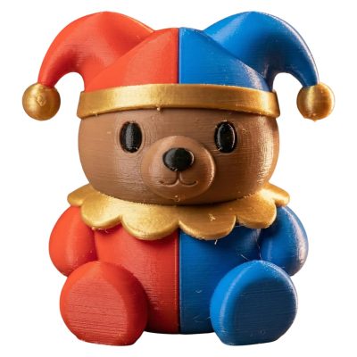 Medieval Jester Teddy Bear Figurine – Cute Collectible Desk Buddy in Red & Blue Harlequin Outfit – Great for Teens, Adults & Gifting – 3D Printed in Canada