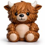 Highland Cow Teddy Bear Cub Figurine – Cute Shaggy Highland Coo Display Sculpture for Desk, Shelf, or Collectible Display – 3D Printed in Canada