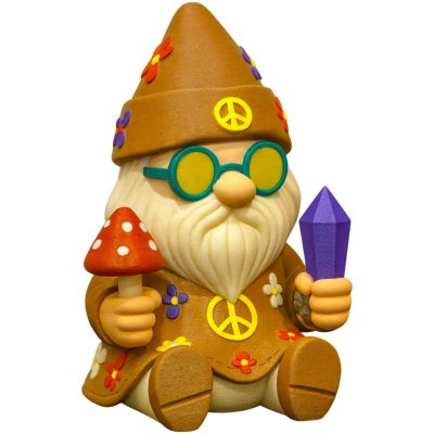 Hippie Gnome Figurine Holding Mushroom & Crystal – Retro Peace Garden Shelf Decoration for Boho or Fantasy Spaces – 3D Printed in Canada — 3D Printed Collectible by 3DCentral