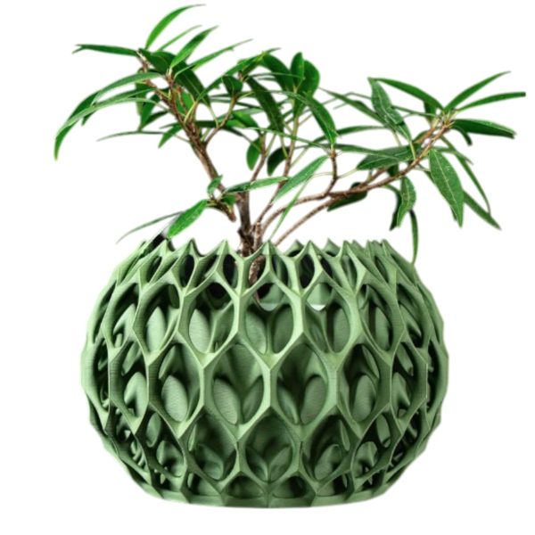 Pot de plante sculptural vert au design d&rsquo;exosquelette entrelacé