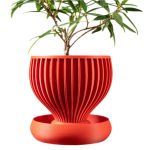 Red Vertical-Ribbed Planter Pot with Matching Tray