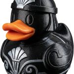 Art Deco Duck Figurine – Black & Silver Collectible Duck Statue with Roman Helmet Detailing – Decorative Display Piece for Desk or Shelf