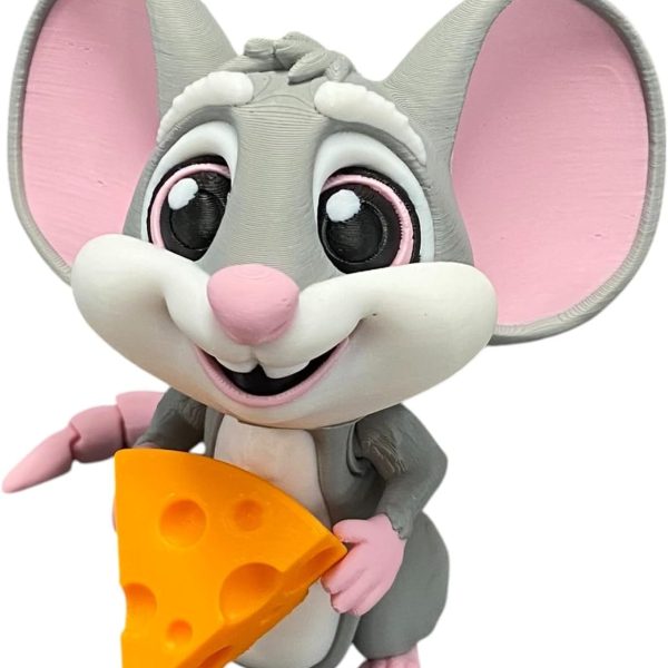 Cute Articulated Mouse Figurine Holding Cheese – Adorable Collectible Shelf Decor for Teens & Adults – Kawaii Rat Gift Idea, Gray & Pink – 3D Printed in Canada — possible Mystery Box item