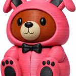 Cute Teddy Bear in Bunny Suit Figurine – Adorable 3D Printed Bear in Pink Bunny Hoodie with Bowtie – Desk Figure, Shelf Decor, Collectible Gift for Teens & Adults – 3D Printed in Canada
