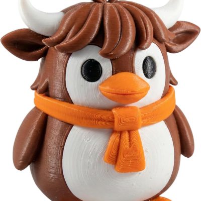 Highland Cow Penguin Figurine – Cute Penguin Cow Hybrid Decor with Orange Scarf – Adorable Animal Collectible Gift for Teens & Adults — 3D Printed Collectible by 3DCentral