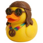 Hippie Duck Figurine with Peace Sign Glasses & Tie-Dye Necklace