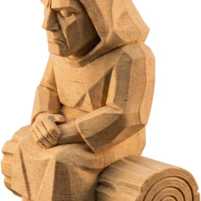 Wood Carved Hooded Monk Sitting on Fallen Log Figurine – Wood Carved Style Nordic-Inspired Collectible Sculpture – Rustic Shelf Decor Accent — 3D Printed Collectible by 3DCentral