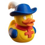 Musketeer Duck Figurine – Funny Yellow Duck in Musketeer Costume with Blue Hat & Feather – Shelf Decor, Gift for Collectors & Duck Lovers