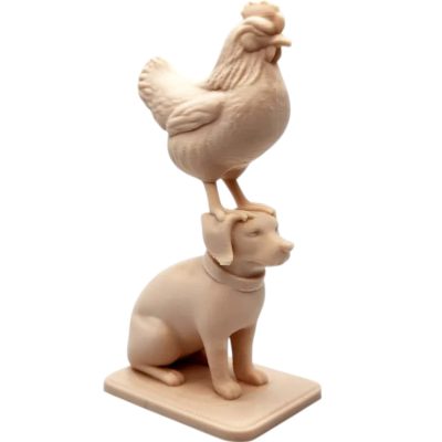 Chicken on Dog’s Head Figurine – Whimsical Farm Animal Duo Sculpture, Rustic Wood-Style Décor Piece – 3D Printed in Canada — 3D Printed Collectible by 3DCentral