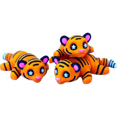 Pack of 3 Adorable Articulated Tiger Figurine – Cute Orange Poseable Jungle Cat with Star Eyes – 3D Printed in Canada — 3D Printed Collectible by 3DCentral