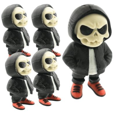 Grumpy Skull Hoodie Articulated Figurines (Pack of 5) – Poseable Skeleton Mini Characters in Hoodies & Sneakers for Dioramas, Displays & Horror Collectibles – 3D Printed in Canada — 3D Printed Collectible by 3DCentral
