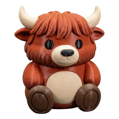 Highland Cow Teddy Bear Cub Figurine – Cute Kawaii Sitting Highland Cattle Collectible for Desk or Shelf Décor – Adorable Red Brown Mini Cow Statue – 3D Printed in Canada — 3D Printed Collectible by 3DCentral