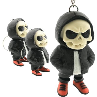 Grumpy Skull Hoodie Articulated Keychain (Pack of 3) – Skeleton Mini Figure with Hooded Jacket & Red Sneakers for Bags, Halloween Decor & Collectors – 3D Printed in Canada — 3D Printed Collectible by 3DCentral