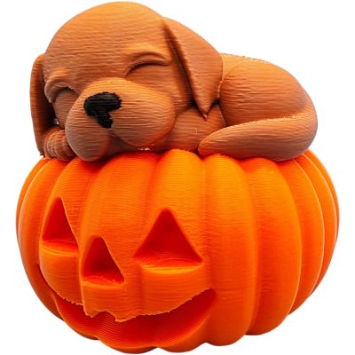 Puppy Sleeping on Jack-o-Lantern Figurine – Cute Dog on Pumpkin Halloween Decoration, Fall Shelf Ornament – 3D Printed in Canada — 3D Printed Collectible by 3DCentral