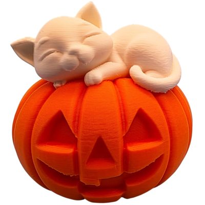 Kitten Sleeping on Jack-o-Lantern Figurine – Cute Cat on Pumpkin Halloween Decoration, Fall Shelf Ornament – 3D Printed in Canada — 3D Printed Collectible by 3DCentral