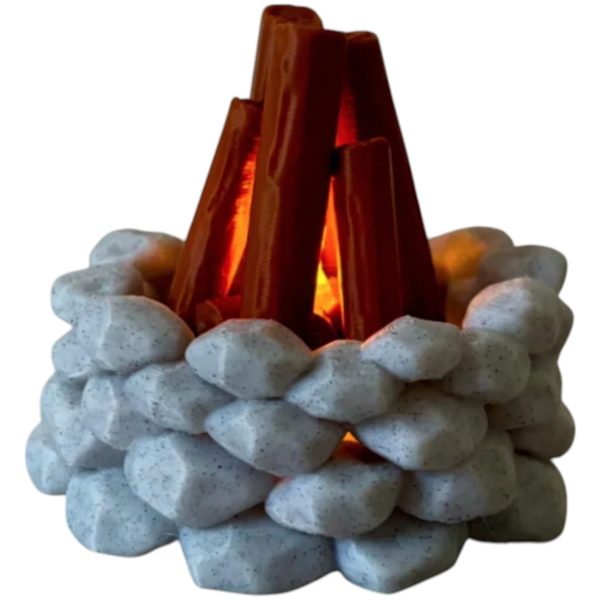 Mini Campfire LED Light Cover – Rustic 3D Printed Tea Light Holder with Faux Logs and Stone Ring – Battery Candle Not Included