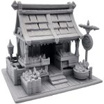 Medieval Market Stall Miniature – Fantasy Shop Terrain with Produce Crates & Wooden Canopy for Dioramas
