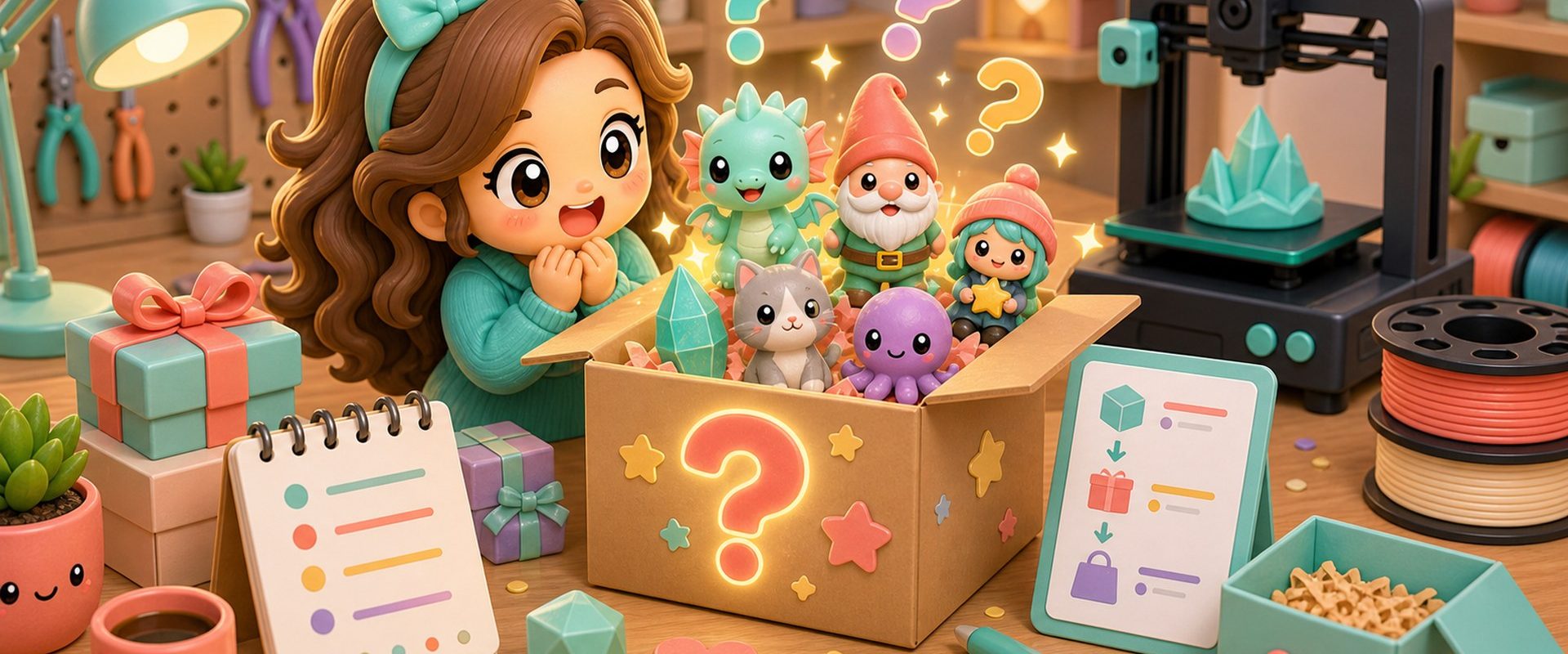 Cartoon kawaii illustration of a mystery box filled with surprise 3D printed figurines.