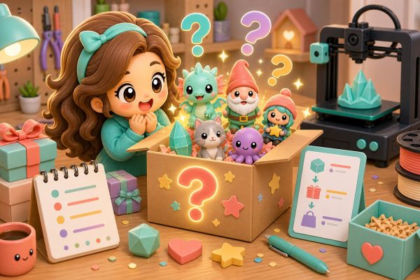 Cartoon kawaii illustration of a mystery box filled with surprise 3D printed figurines.